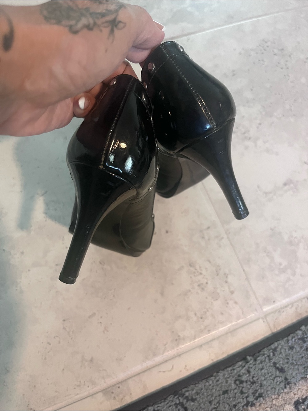 Anne Klein Black Leather Peep-Toe Heels with Silver Medallion - Picture 3 of 3